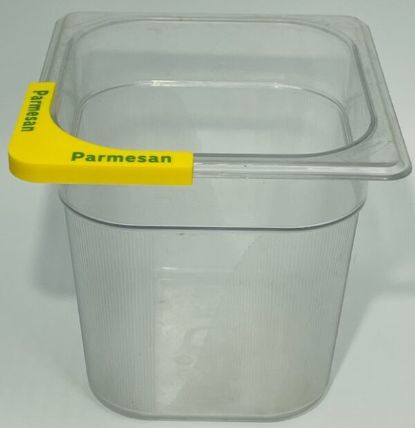 A plastic container with a yellow handle.