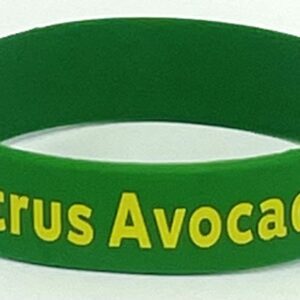 A green wristband with the words citrus avocado on it.
