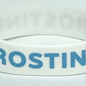 A white wristband with the name " rostine ".