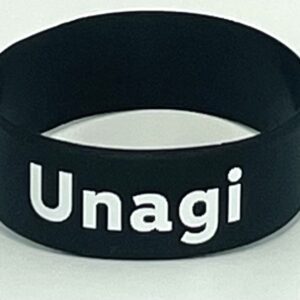 A black wristband with the word unagi written on it.