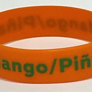 A close up of an orange bracelet with the word " mango " written on it.