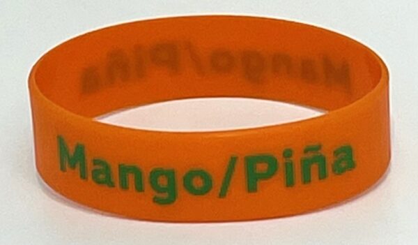 A close up of an orange bracelet with the word " mango " written on it.