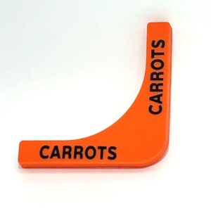A carrot shaped plastic sign with the word carrots written on it.