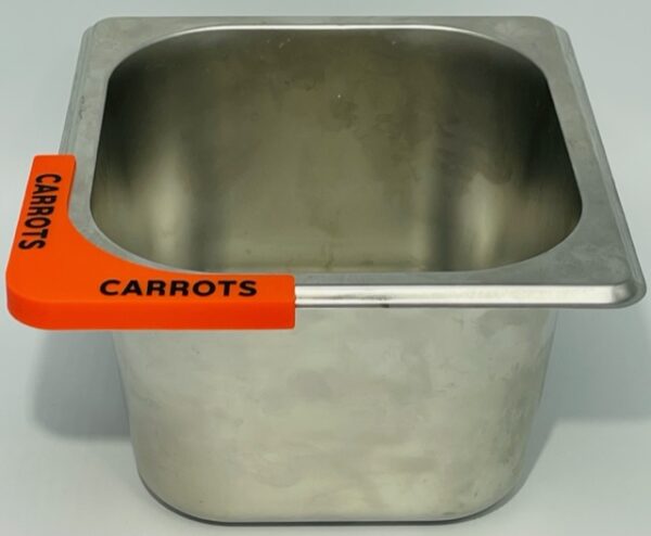 A metal container with carrots written on it.