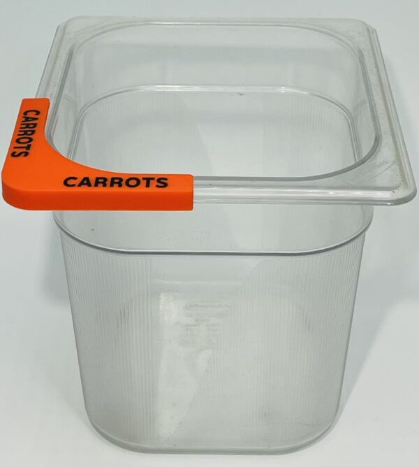 A plastic container with carrots written on it.