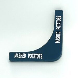 A blue wedge shaped sign with the words " mashed potatoes ".