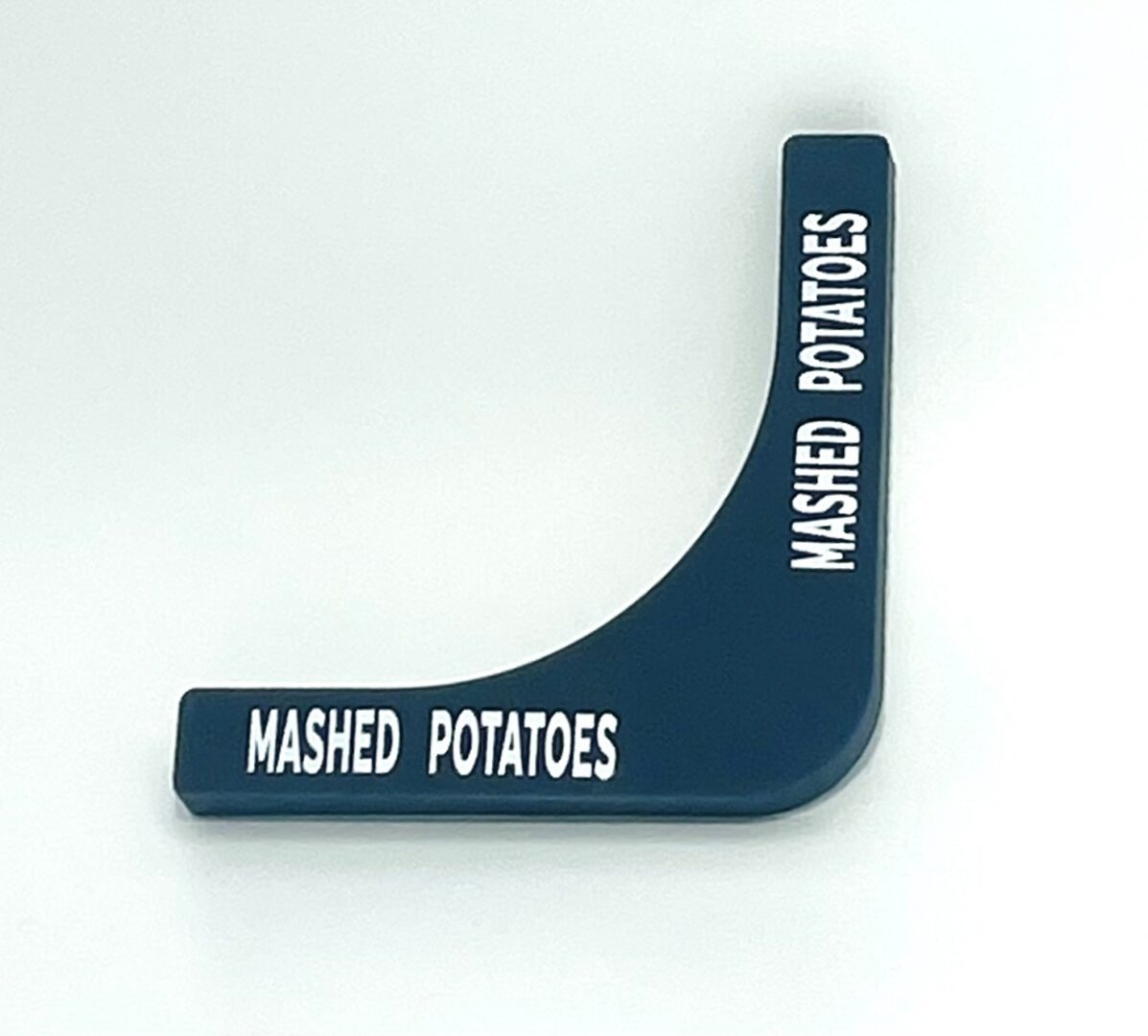 A blue wedge shaped sign with the words " mashed potatoes ".