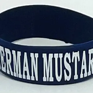 A close up of the wristband with german mustard written on it