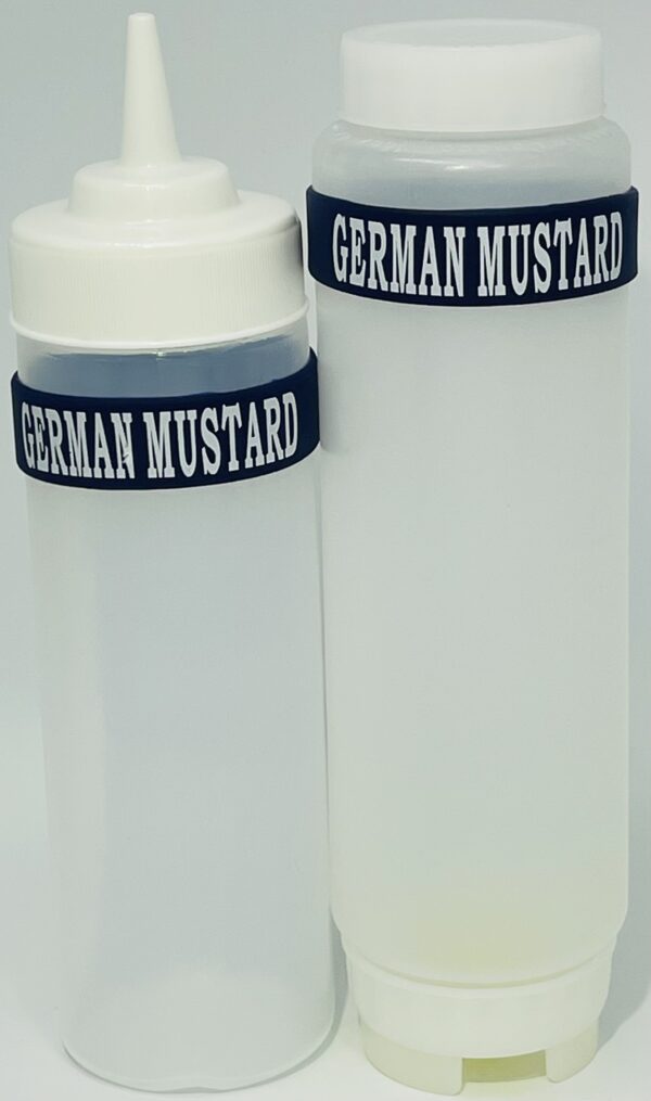 Two containers of mustard are shown with german mustard written on them.