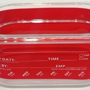 A red container with time and temperature labels inside of it.
