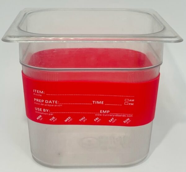 A plastic container with red band around it.