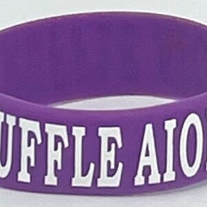 A purple bracelet with the words " ruffle aion ".