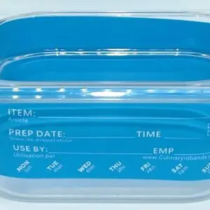 A blue container with some labels on it