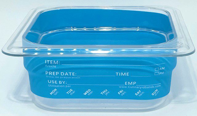 A blue container with some labels on it