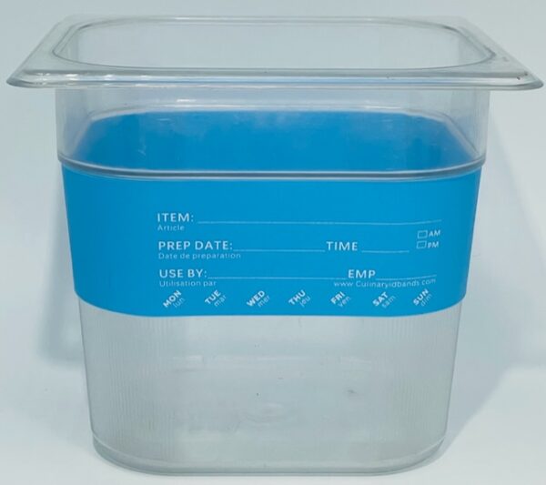 A plastic container with blue band around it.