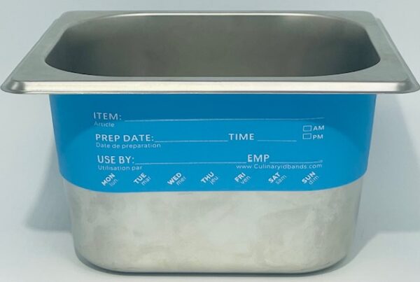 A metal container with blue labels on it.