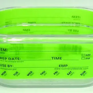 A green container with time and temperature labels.