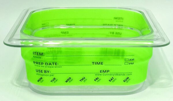 A green container with time and temperature labels.