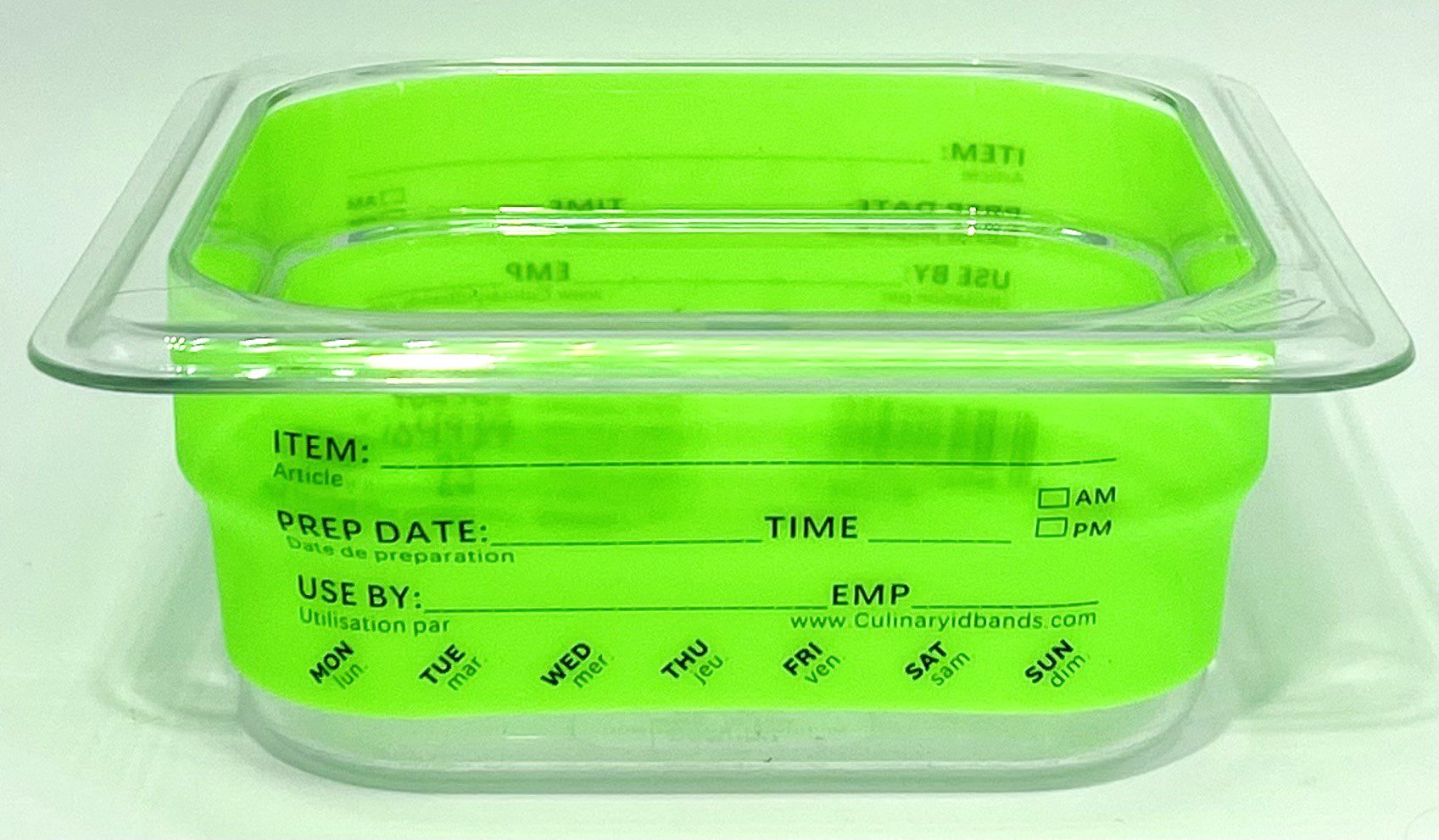 A green container with time and temperature labels.