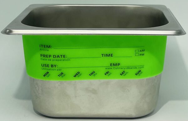 A metal container with green labels on it.