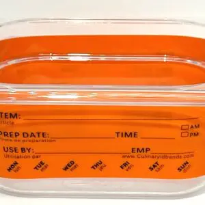 A container with an orange label on it.