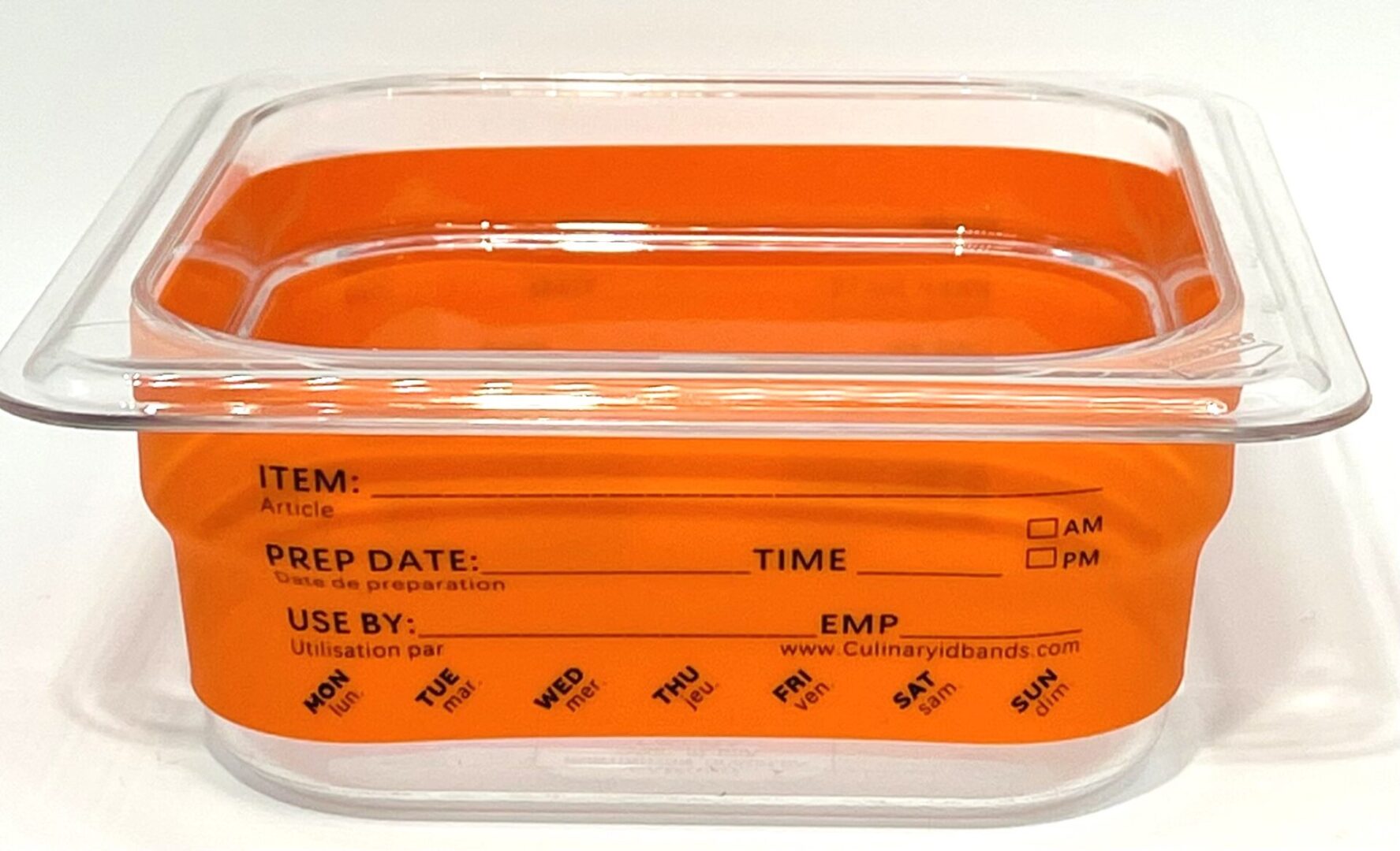 A container with an orange label on it.