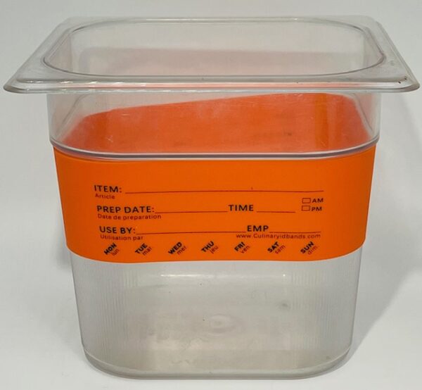 A plastic container with an orange band around the bottom.