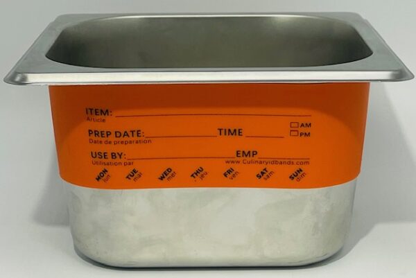 A metal container with orange labels on it.