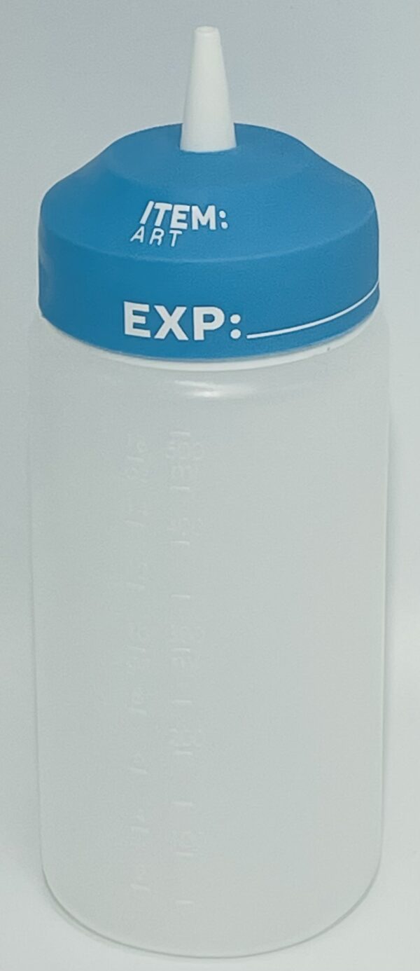 A plastic bottle with blue cap and white lettering.