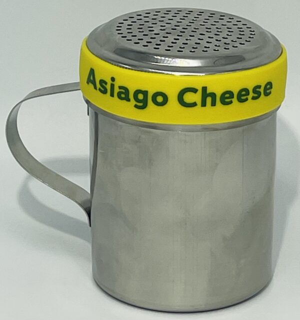 A stainless steel cheese shaker with yellow top.