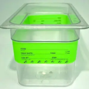 A green plastic container with the lid up.
