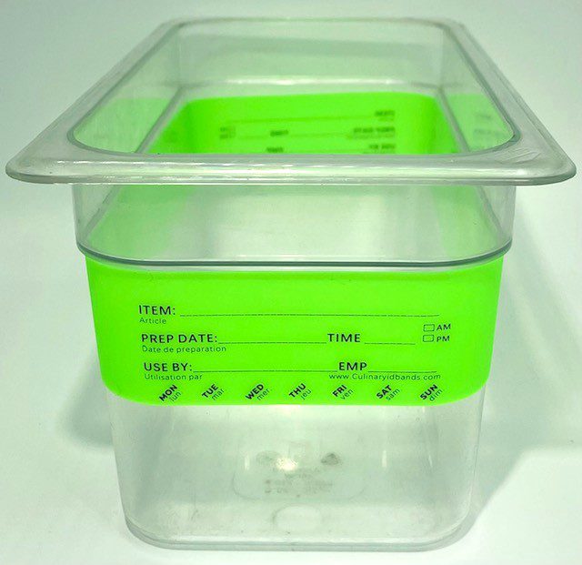 A green plastic container with the lid up.