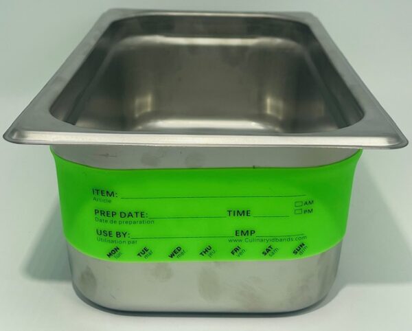 A metal container with green plastic band around it.