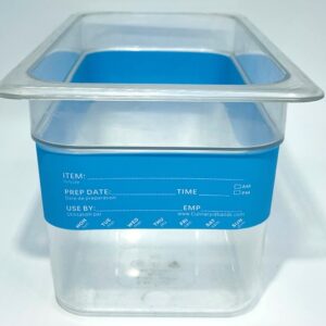 A plastic container with blue lid and a clear bottom.