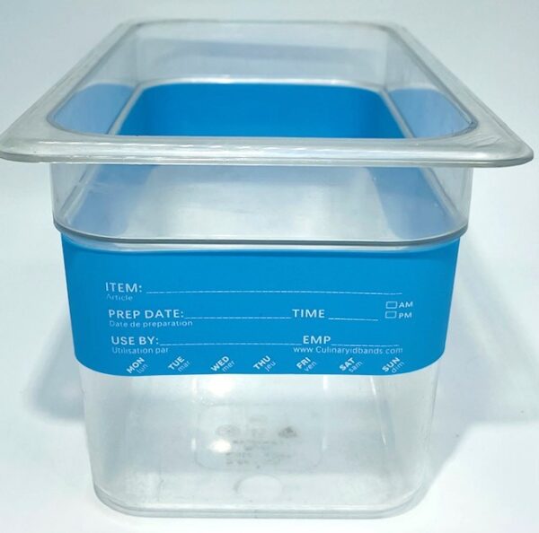 A plastic container with blue lid and a clear bottom.