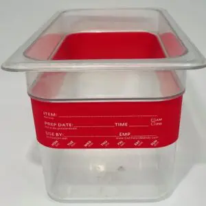A red plastic container with the lid up.