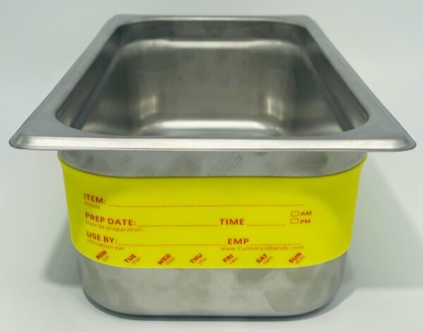 A metal container with yellow band around it.