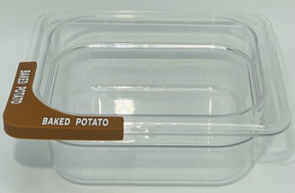 A container with the label baked potato.