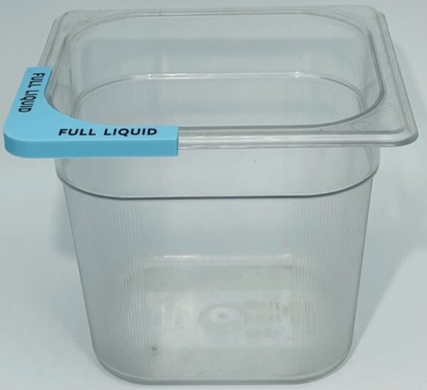 A plastic container with a blue label on it.