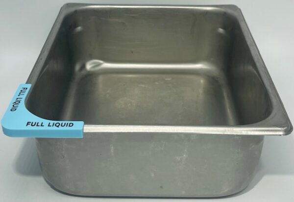 A metal pan with liquid written on it.