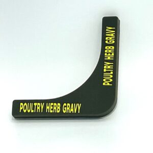 A black and yellow sign that says poultry herb gravy.