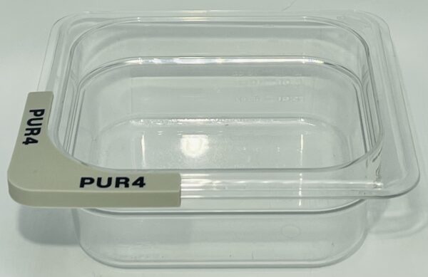 A clear plastic container with the label pur 4.