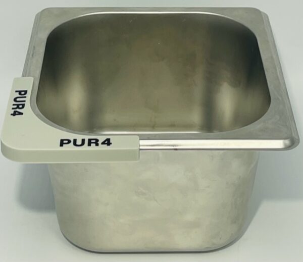 A metal container with the word pur 4 on it.