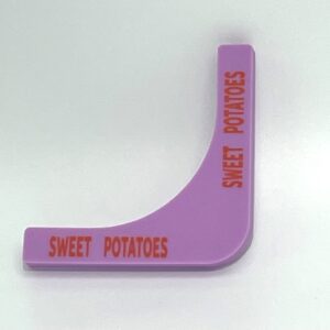 A purple plastic wedge with the words " sweet potatoes ".