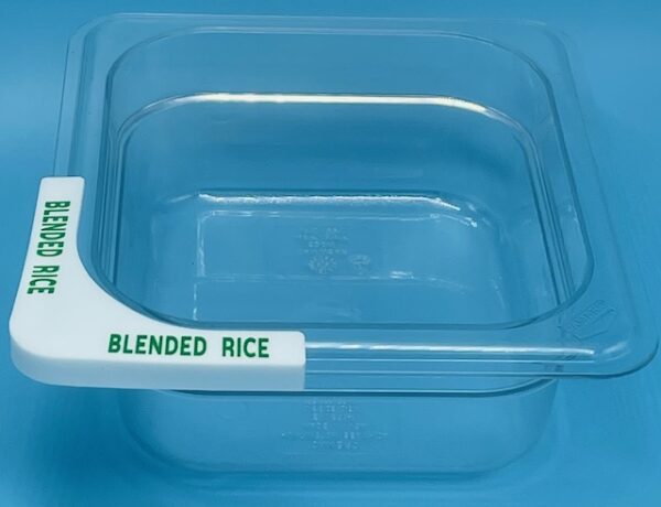 A plastic container with the word blended rice on it.