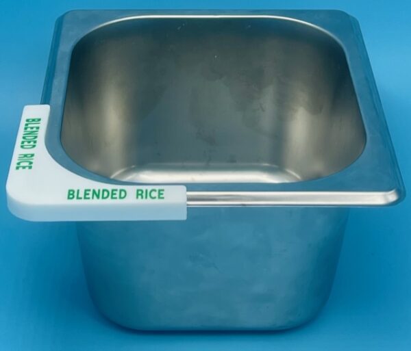 A metal container with a handle and a rice label.