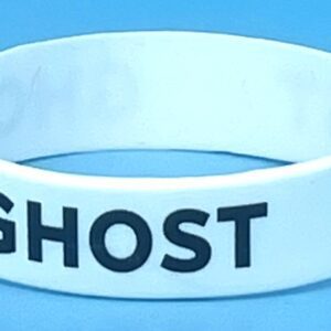 A white wristband with the word " ghost " written on it.