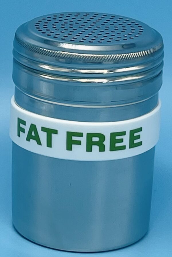 A close up of the top of a jar with the words " fat free ".