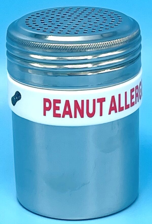 A peanut allergy jar with the label on it.