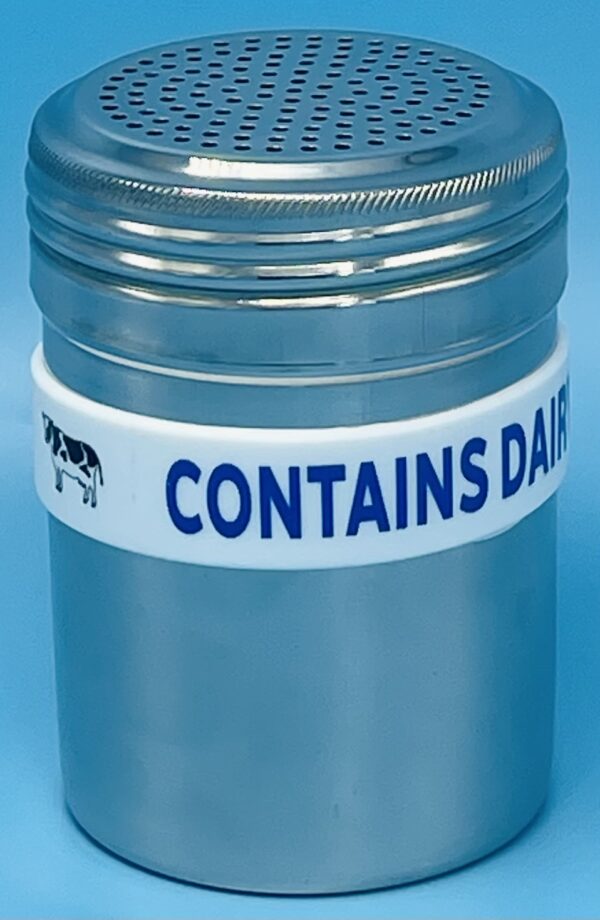 A container with the lid off and contains dairy written on it.